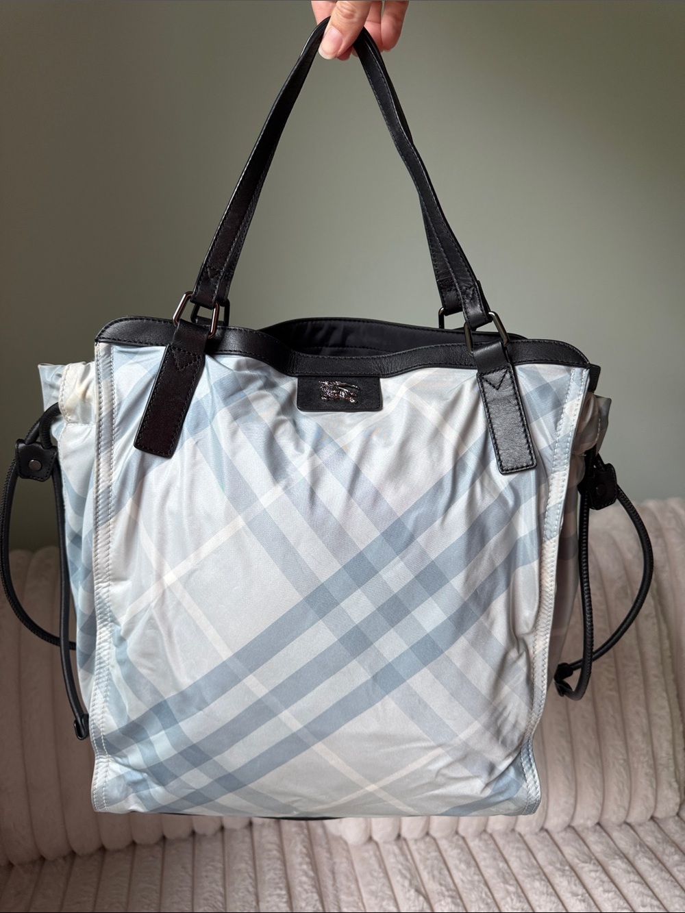 Burberry Light Blue Check Nylon and Leather Buckleigh Tote